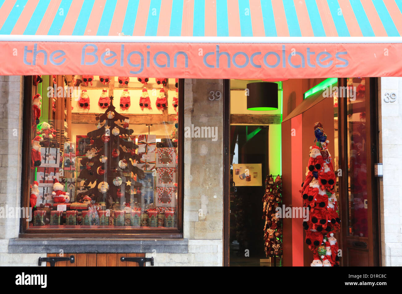 A decorated Belgian chocolate shop at Christmas time near the Grand