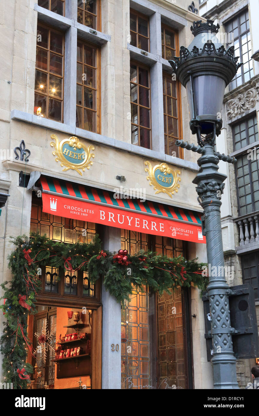A Belgian chocolate shop at Christmas time, in the corner of the Grand Place, Brussels, Belgium