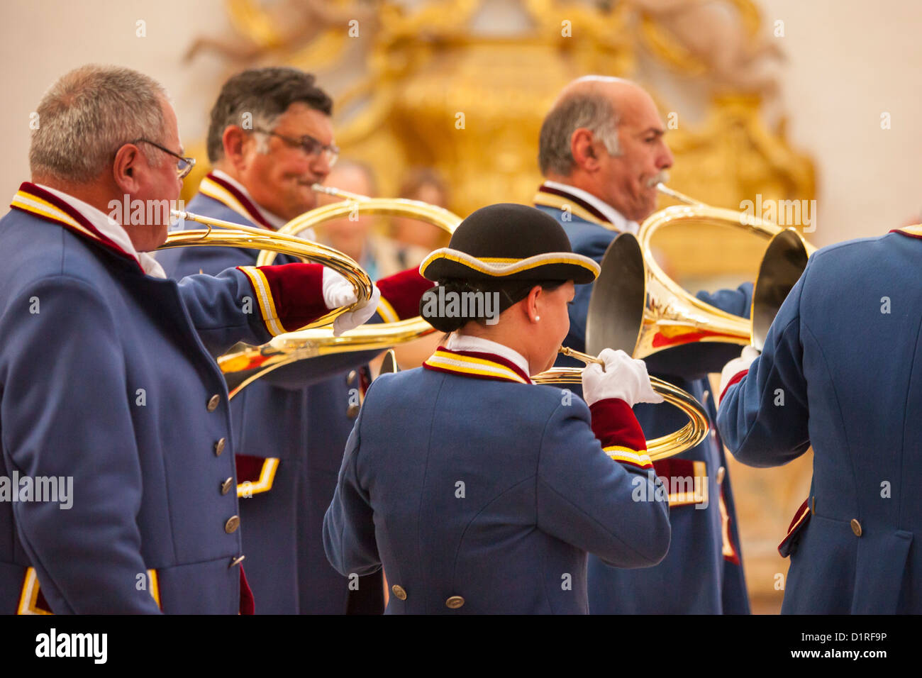 Musicians playing valveless French Horns inside Church, Saint Cirq Lapopie, Midi-Pyreness, France Stock Photo