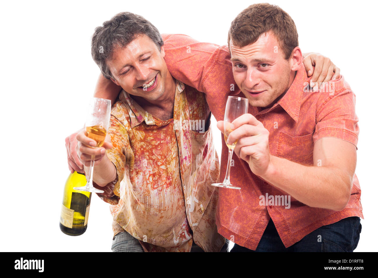 Two funny drunken men holding bottle and glass of alcohol, isolated on ...