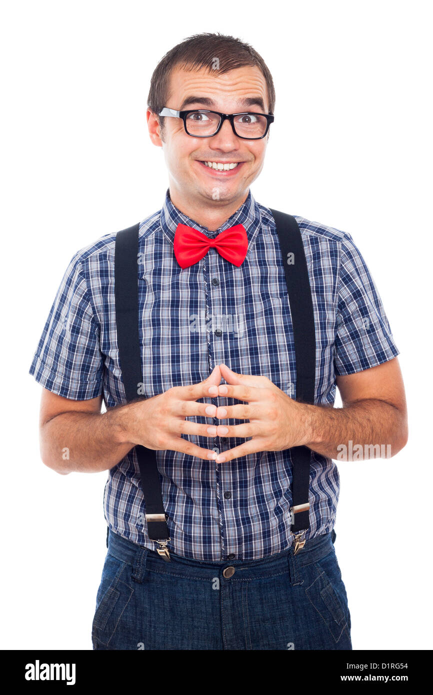 Portrait of ecstatic happy nerd man, isolated on white background. Stock Photo