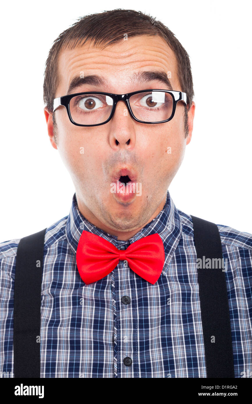 Close up of surprised nerd man, isolated on white background. Stock Photo