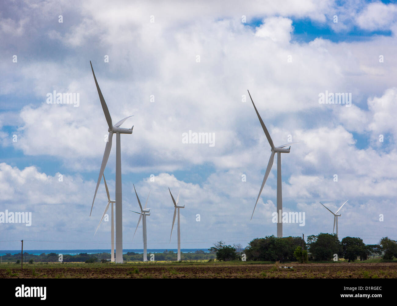 PONCE, PUERTO RICO - Windmills generating electricity from wind power, on southern coast near Santa Isabel east of Ponce. Stock Photo