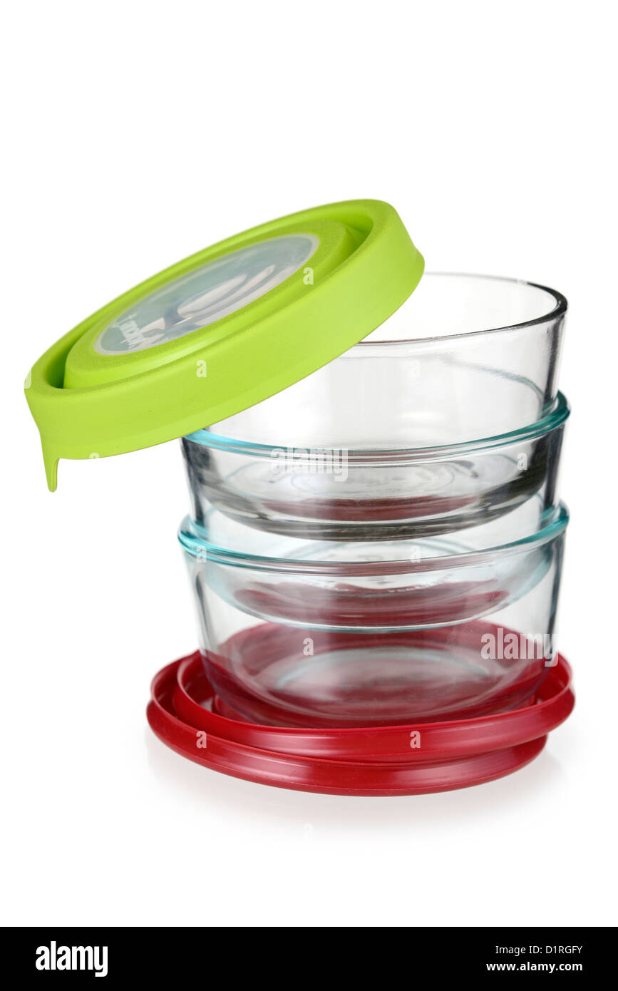 Food Storage containers, glass bowls with plastic lids Stock Photo