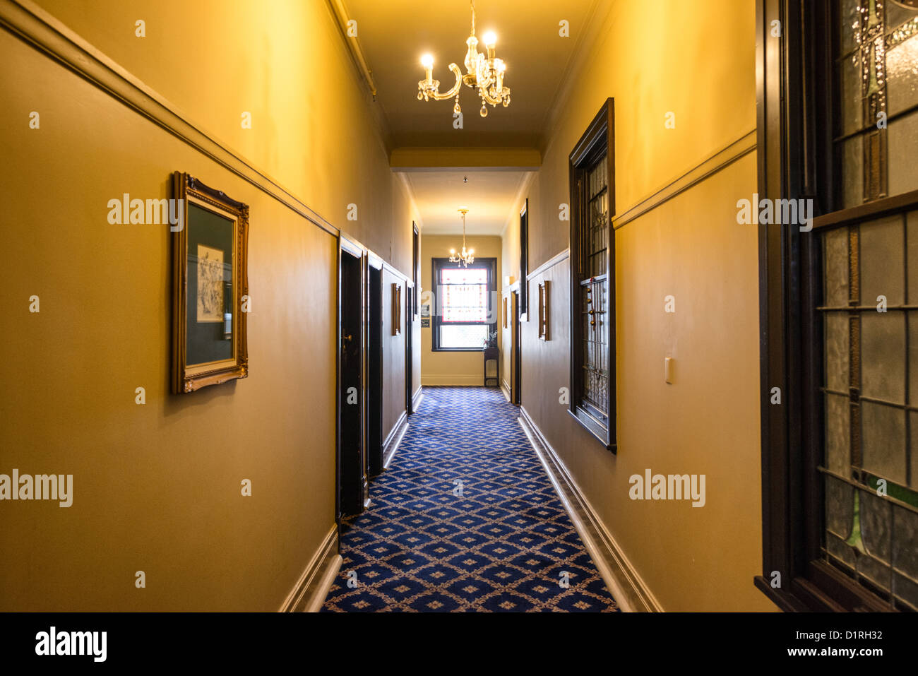 KATOOMBA, Australia - An corridor inside the historic Carrington Hotel in Katoomba in the Blue Mountains of New South Wales, Australia. The Carrington is an historic hotel established in 1880. Stock Photo