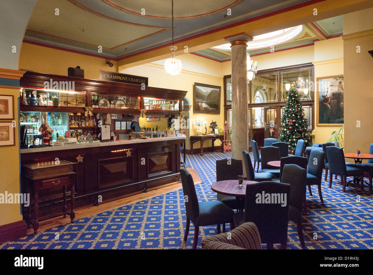 KATOOMBA, Australia - The bar, Champagne Charlies, inside the historic Carrington Hotel in Katoomba in the Blue Mountains of New South Wales, Australia. The Carrington is an historic hotel established in 1880. Stock Photo