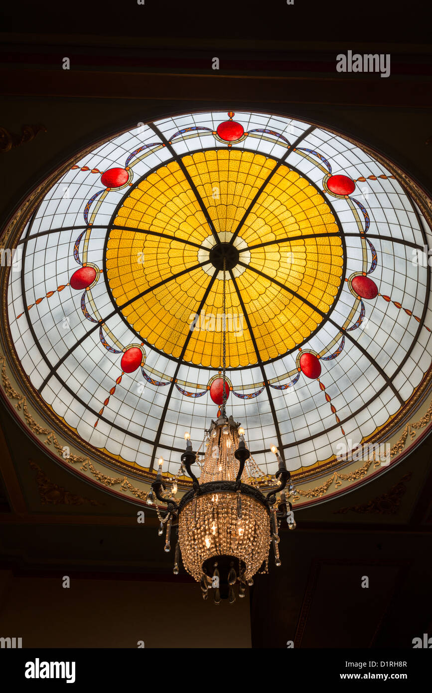 KATOOMBA, Australia - A leadlight domed ceiling inside the historic Carrington Hotel in Katoomba in the Blue Mountains of New South Wales, Australia. The Carrington is an historic hotel established in 1880. Stock Photo