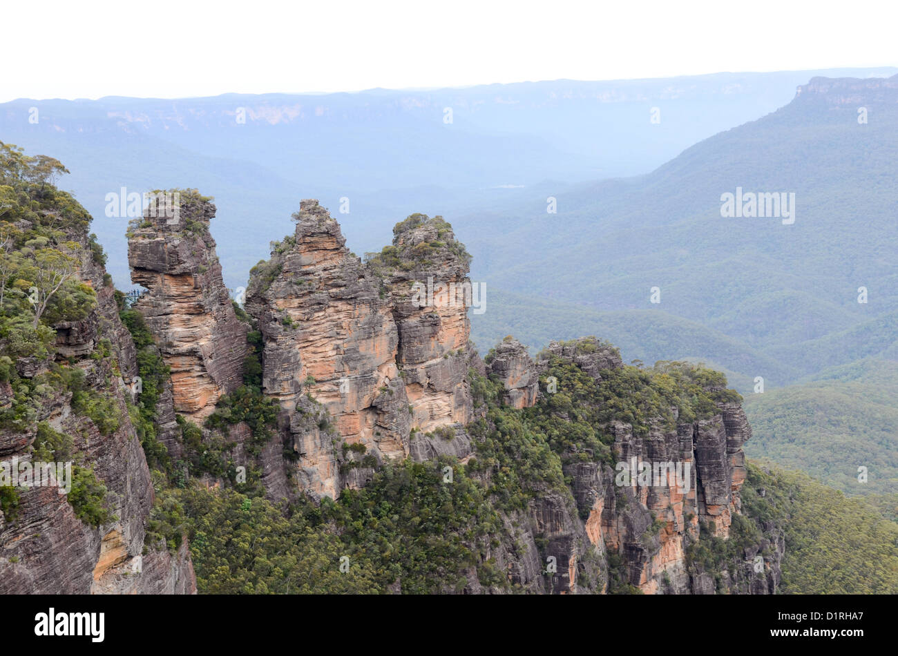 KATOOMBA, Australia - The rock formation known as the Three Sisters in the Blue Mountains as seen from Echo Point in Katoomba, New South Wales, Australia. Stock Photo