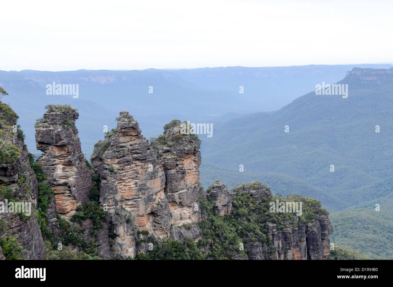 KATOOMBA, Australia - The natural rock formation known as the Three Sisters in the Blue Mountains as seen from Echo Point in Katoomba, New South Wales, Australia. Stock Photo