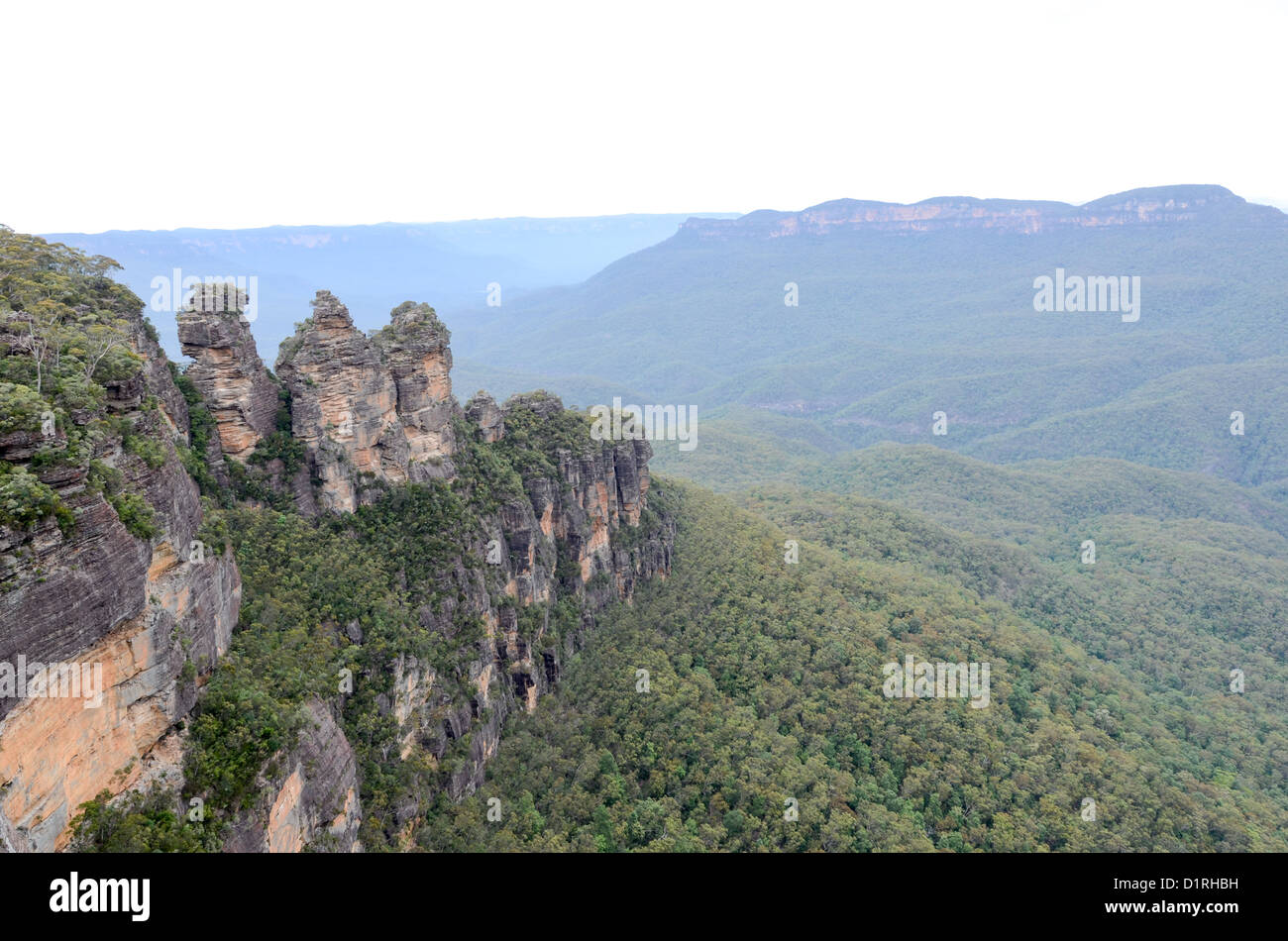 KATOOMBA, Australia - A wide-angle shot of the Three Sisters in the Blue Mountains as seen from Echo Point in Katoomba, New South Wales, Australia. Stock Photo