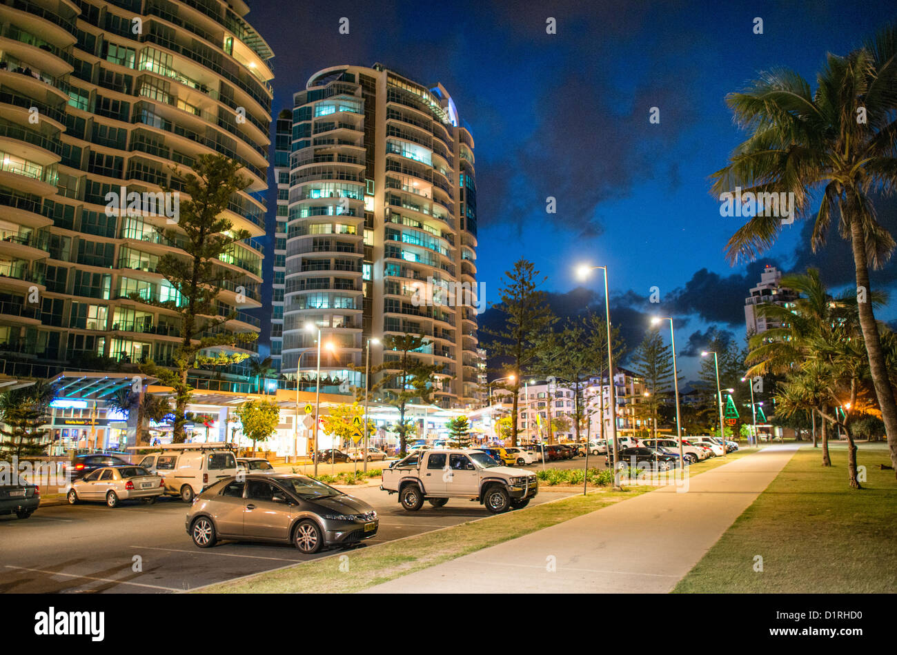 The beachfront park (Queen Elizabeth Park) at Tweed Heads-Coolangatta at night. Sometimes paired as 'Twin Towns,' Coolangatta and Tweed Heads, on the southern end of the Gold Coast, straddle the Queensland-New South Wales border. Stock Photo