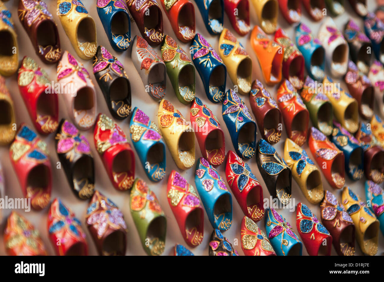 Morocco, Marrakech, Market. Small mules or babouches for sale. Stock Photo