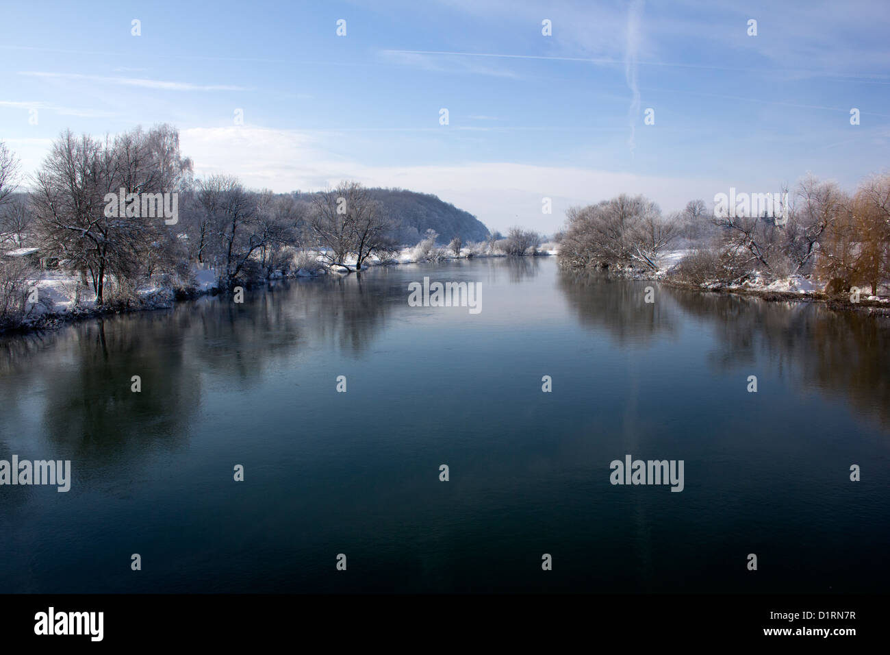 Winter ladnscape by the river Krka in Slovenia. Stock Photo