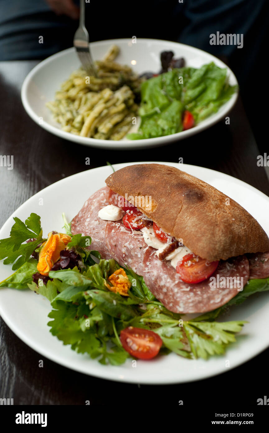 Salami, Mozzarella and Tomato Ciabatta sandwich Pesto pasta and salad