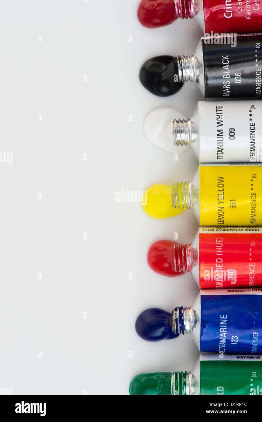 Artists acrylic paint tubes on white Stock Photo