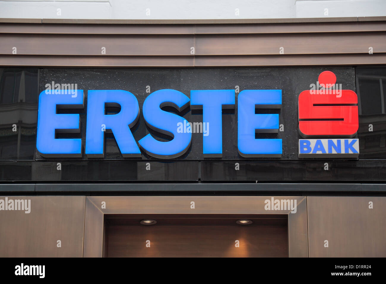 The logo for the Erste Bank above a branch in Vienna (Wien), Austria. Stock Photo