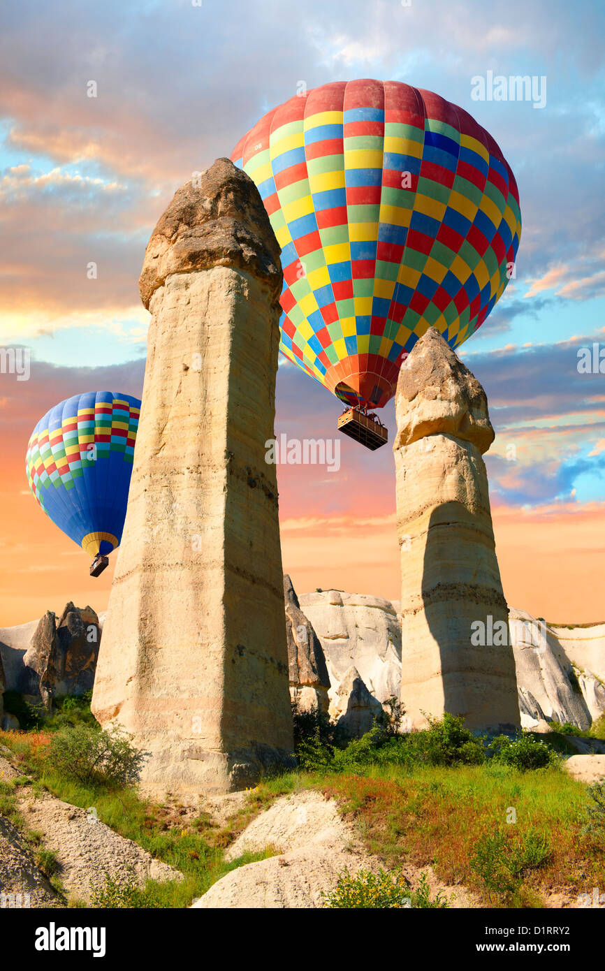 Hot Air Balloons over the Fairy Chimneys in Love Valley at sunrise near ...