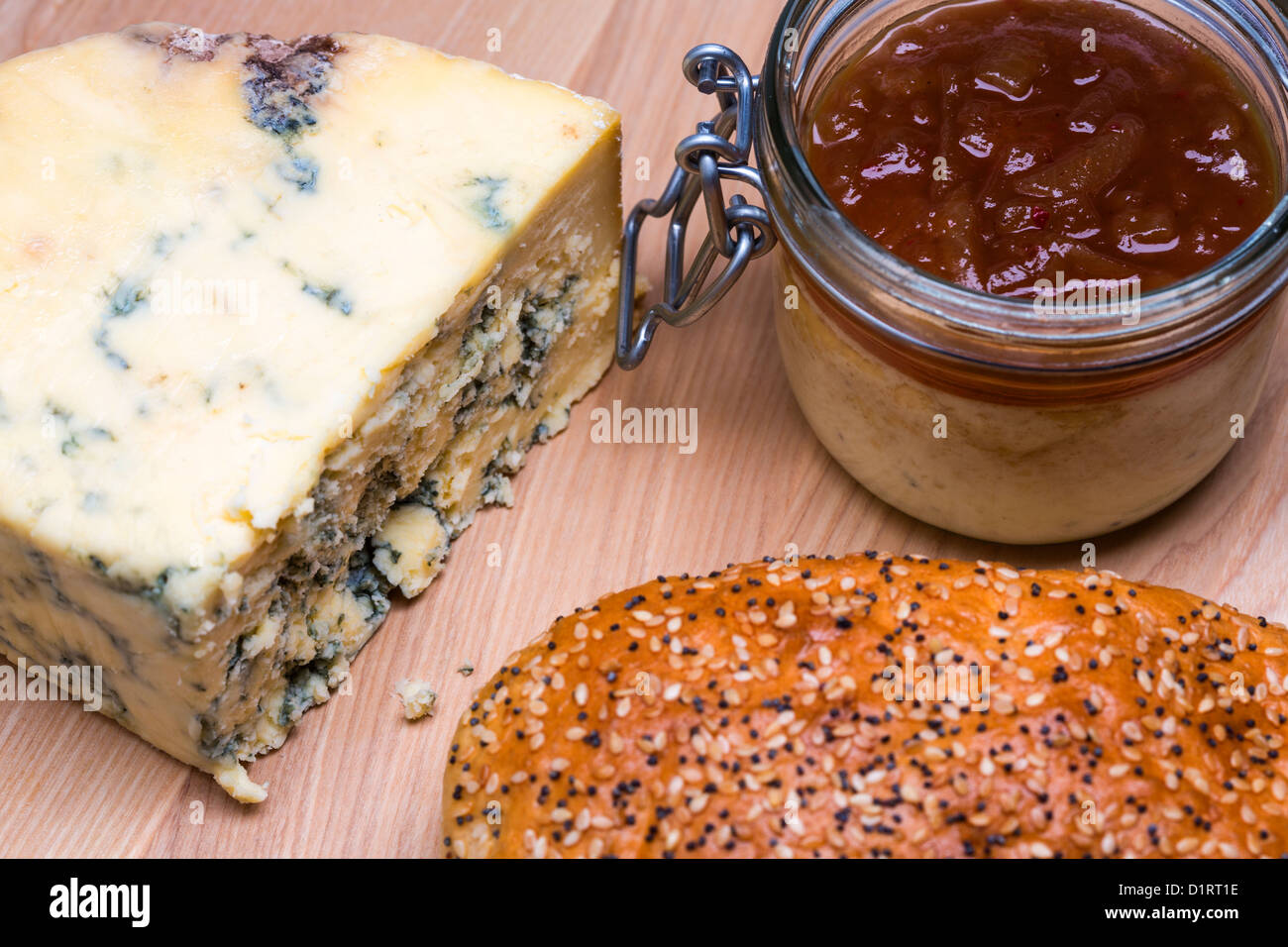 Caramelised red onion and Chilli Chutney in a Jar and Stilton cheese Stock Photo