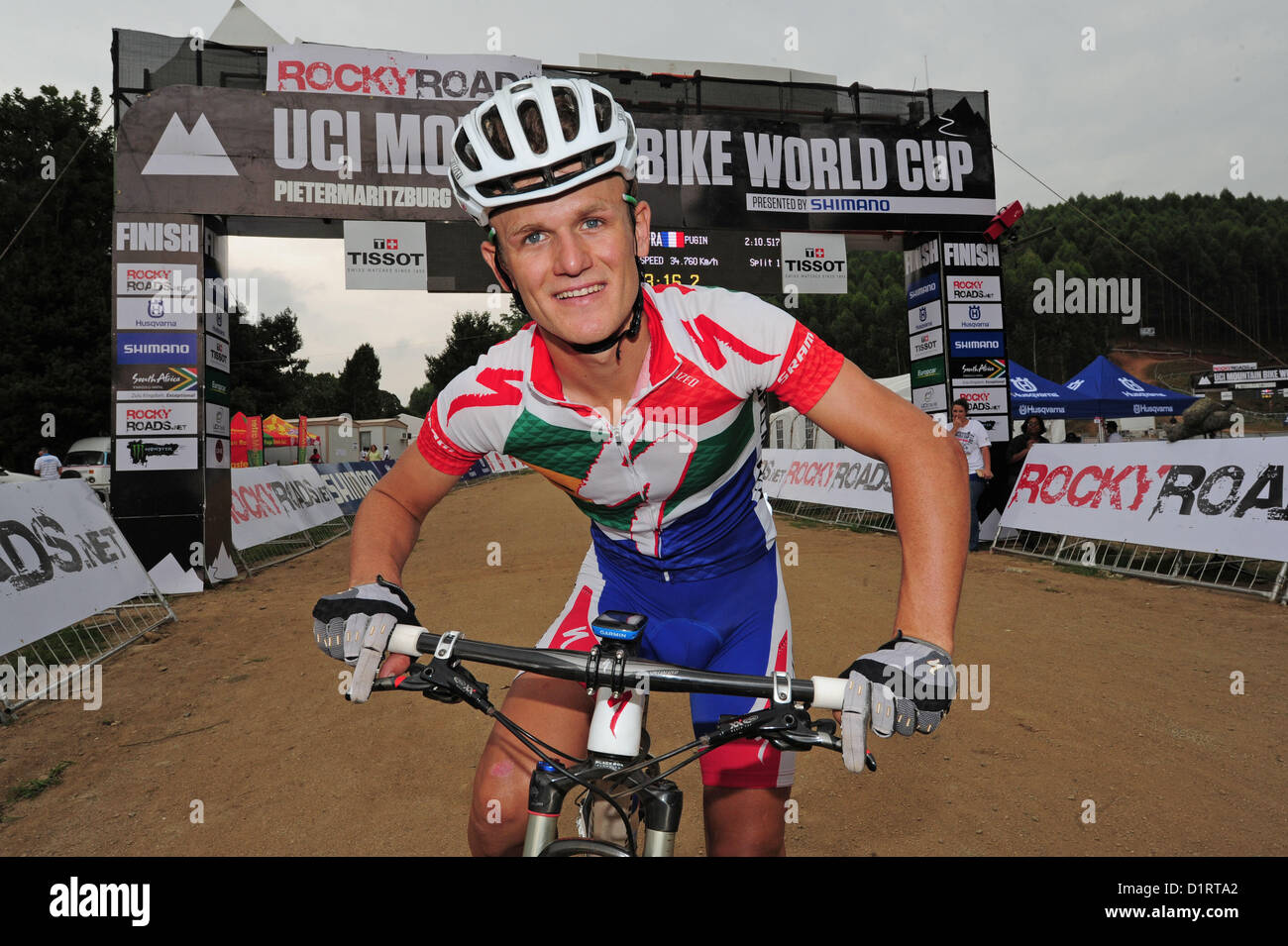 PIETERMARITZBURG, SOUTH AFRICA: Local hopeful and National Champion Burry Stander at the finish line ahead of the Rockyroads UCI Mountain Bike World Cup on March 17, 2012 in Pietermaritzburg, South Africa. (Photo by Gallo Images / Natal Witness / Ian Carbutt) Stock Photo