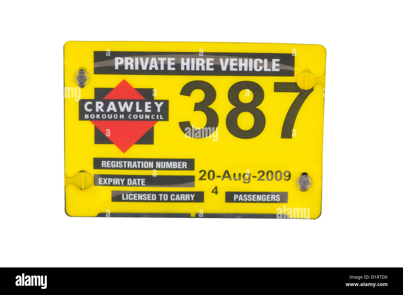 Private Hire Vehicle License Plate Licensed By Crawley Borough Council Stock Photo