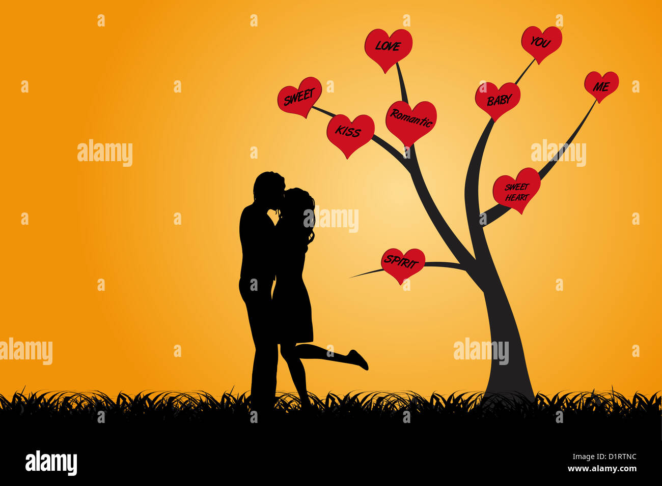 Kissing couple are standing under a tree with red hearts which words of ...
