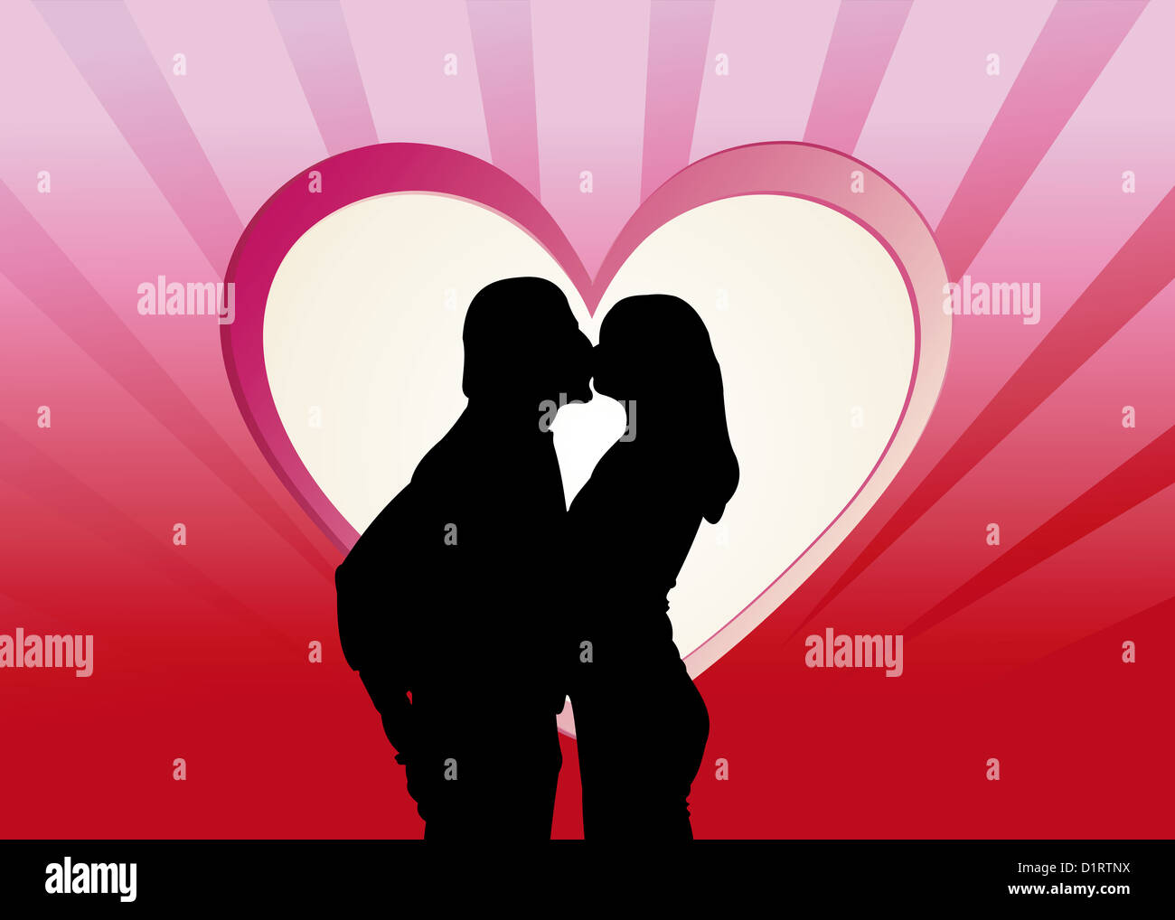Kissing couple silhouette in front of a red heart illustration Stock ...