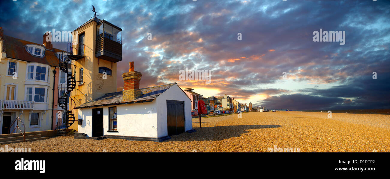 Sea front houses and shingle beach of Aldeburgh - Suffolk - England Stock Photo
