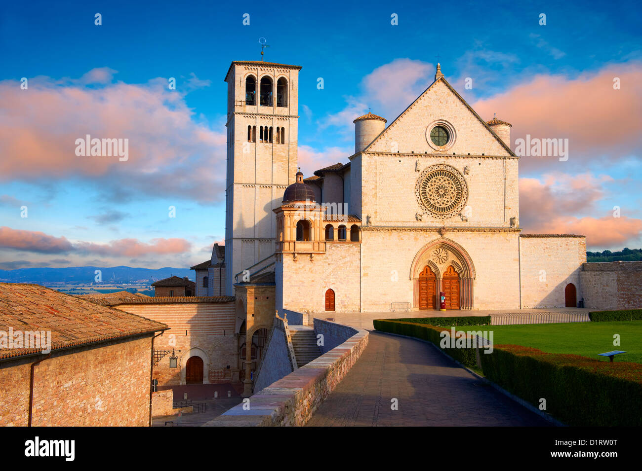 The upper facade of the Papal Basilica of St Francis of Assisi, ( Basilica Papale di San Francesco ) Assisi, Italy Stock Photo