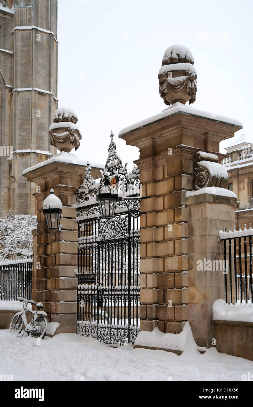 Clare College Cambridge University main Gate after heavy snow. Stock Photo