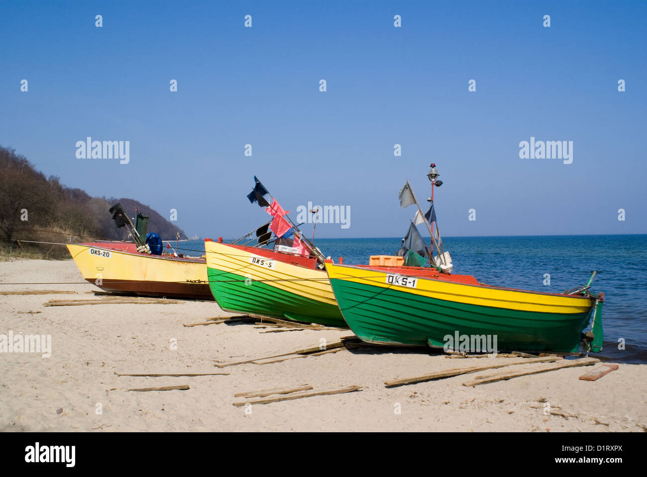 3 Polish Fishing Boats, Gdynia on the Baltic Coast Stock Photo
