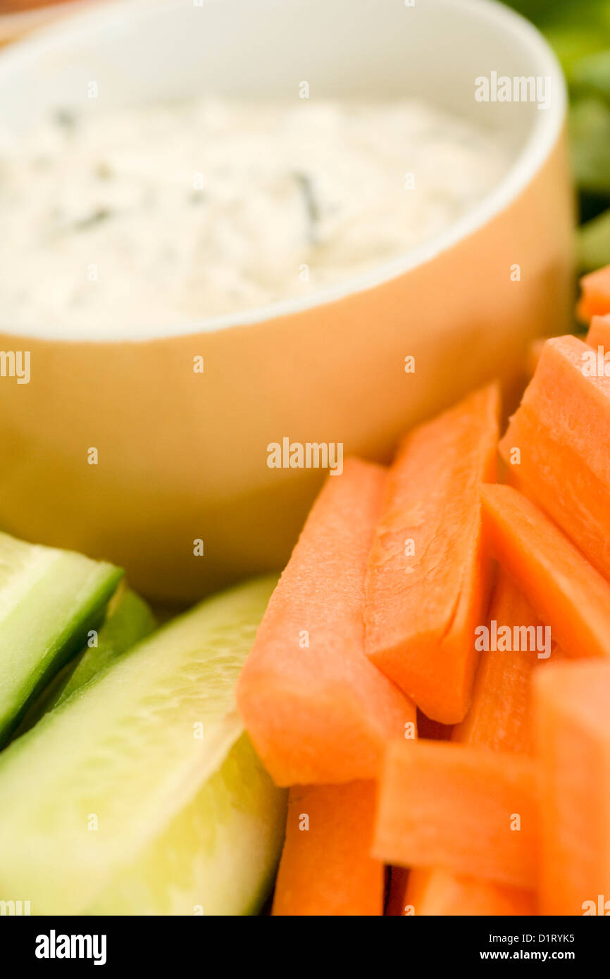Healthy Buffet Finger Snacks and Nibbles of Carrot Cucumber and Dip