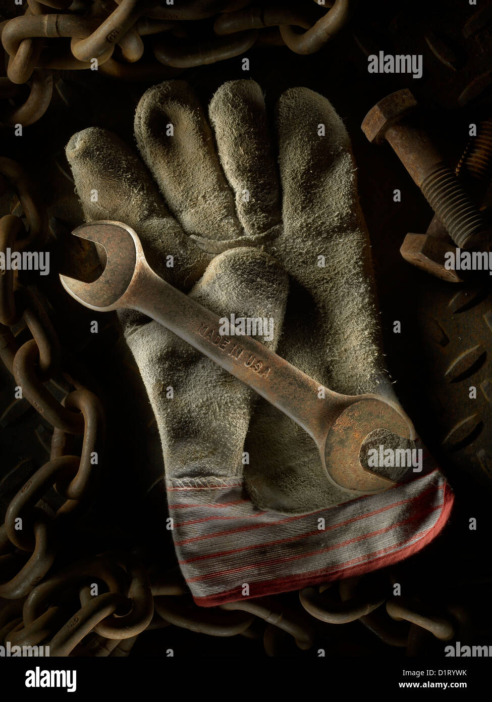 Rusty Wrench With Work Glove Stock Photo