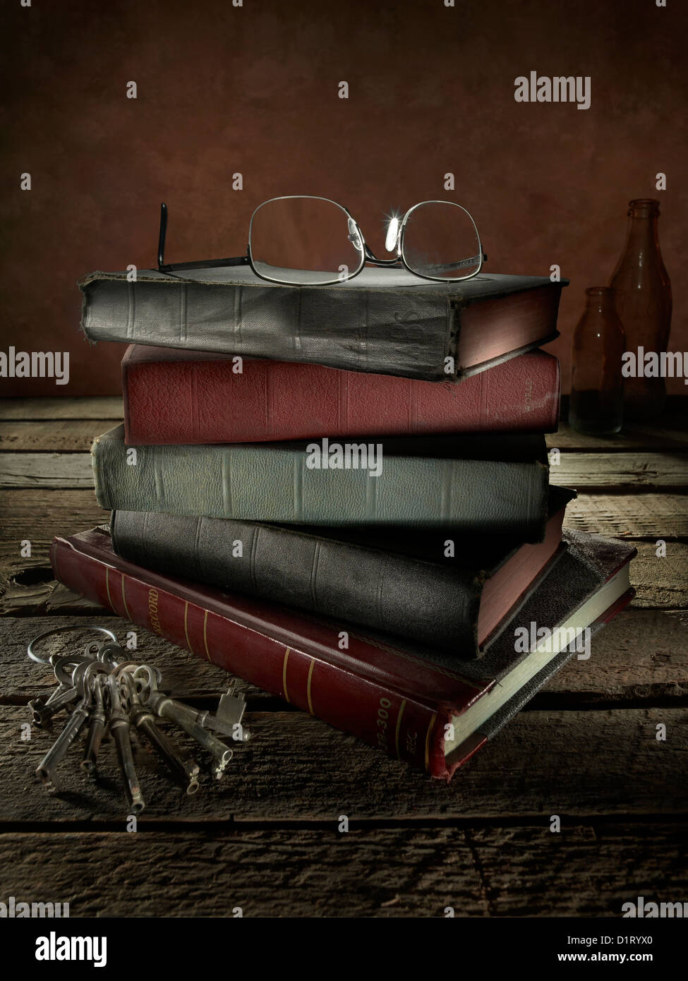 Old Dusty Books & Reading Glasses Stock Photo