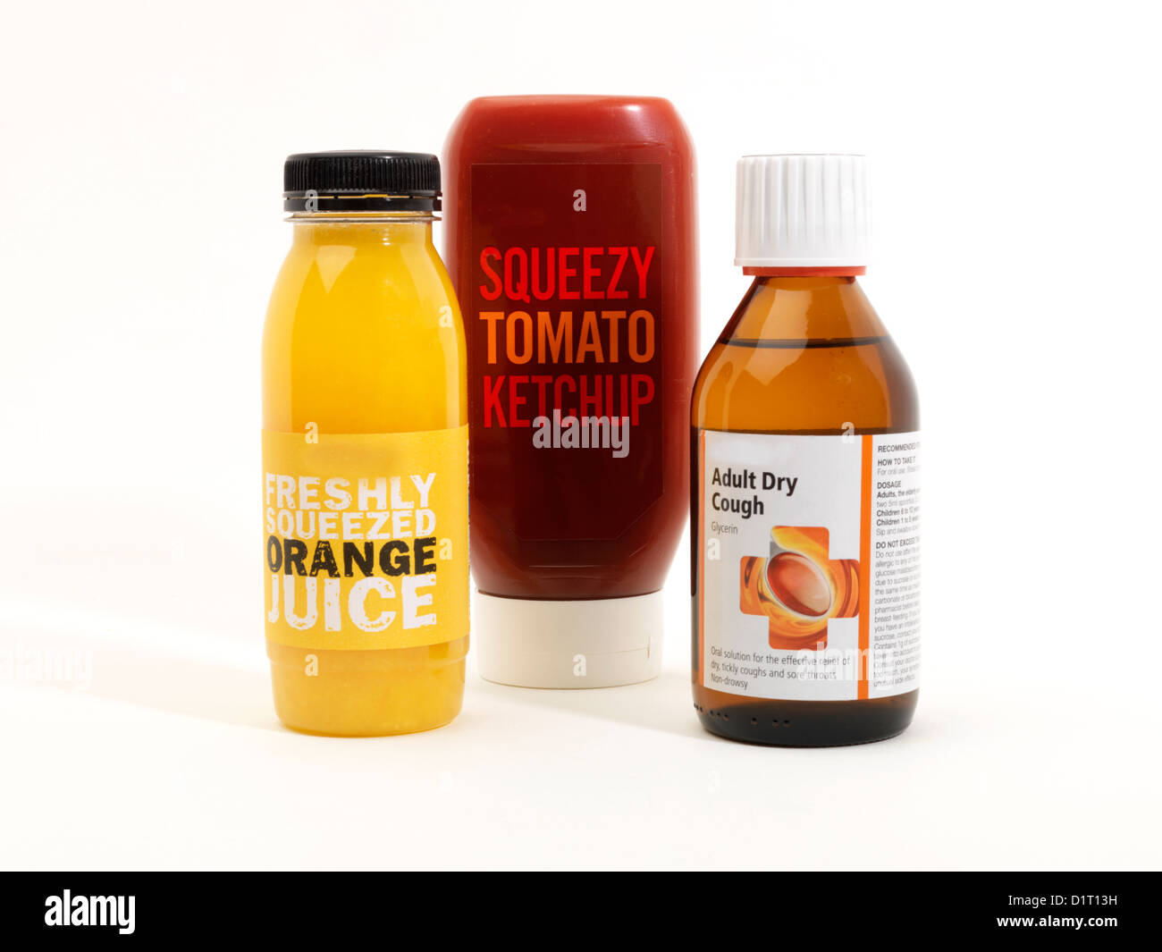Tomato Ketchup Cough Medicine and Orange Juice Stock Photo Alamy
