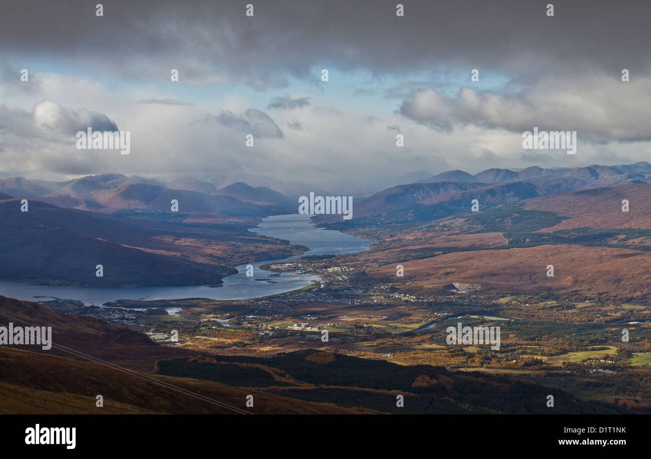 View to Fort William, Corpach, Loch Linnhe, Loch Eil, Caledonian Canal and Neptune's Staircase from Aonach Mor ski resort Stock Photo