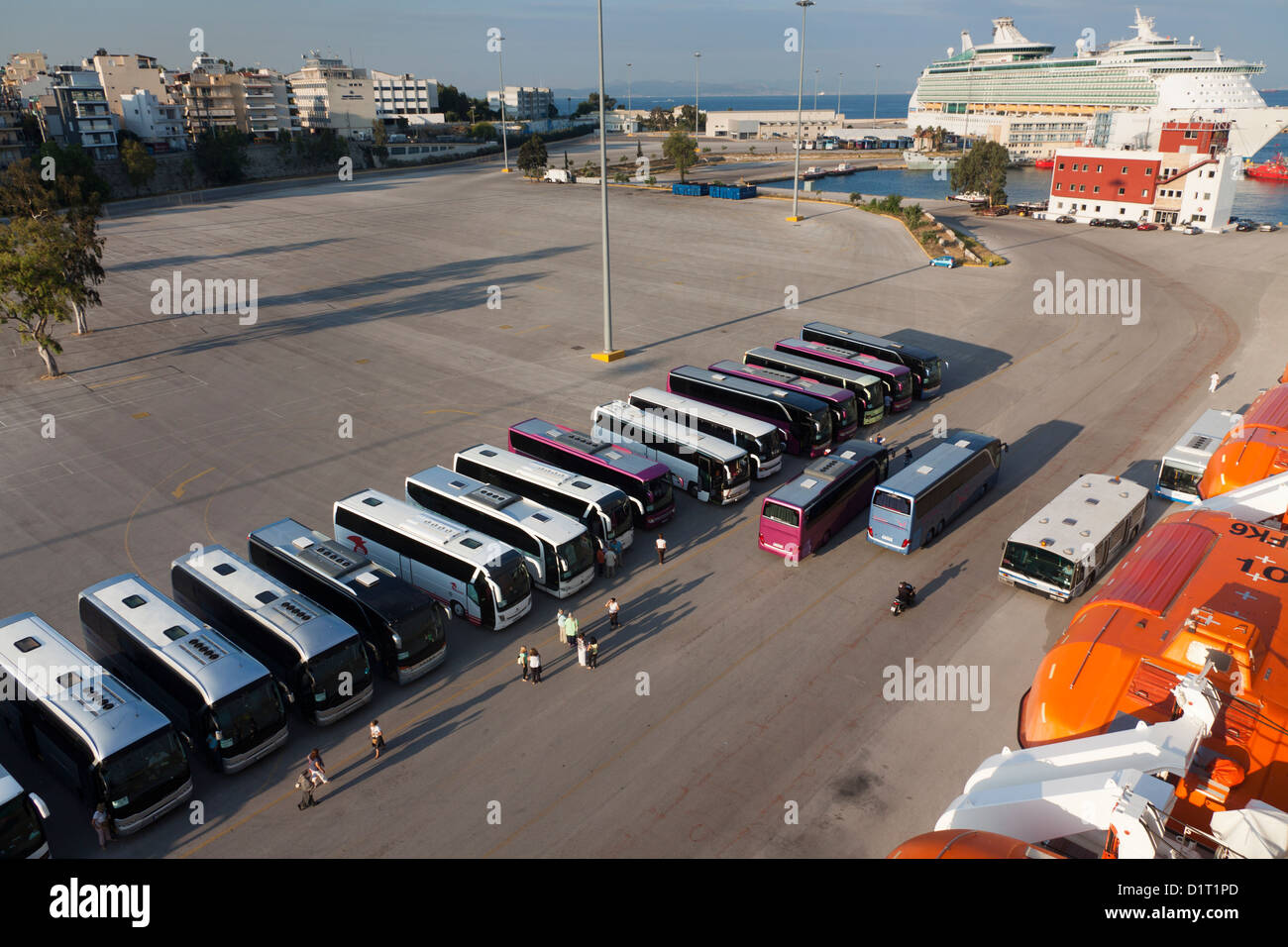 Day excursion coaches on the dockside at Piraeus Athens Stock Photo