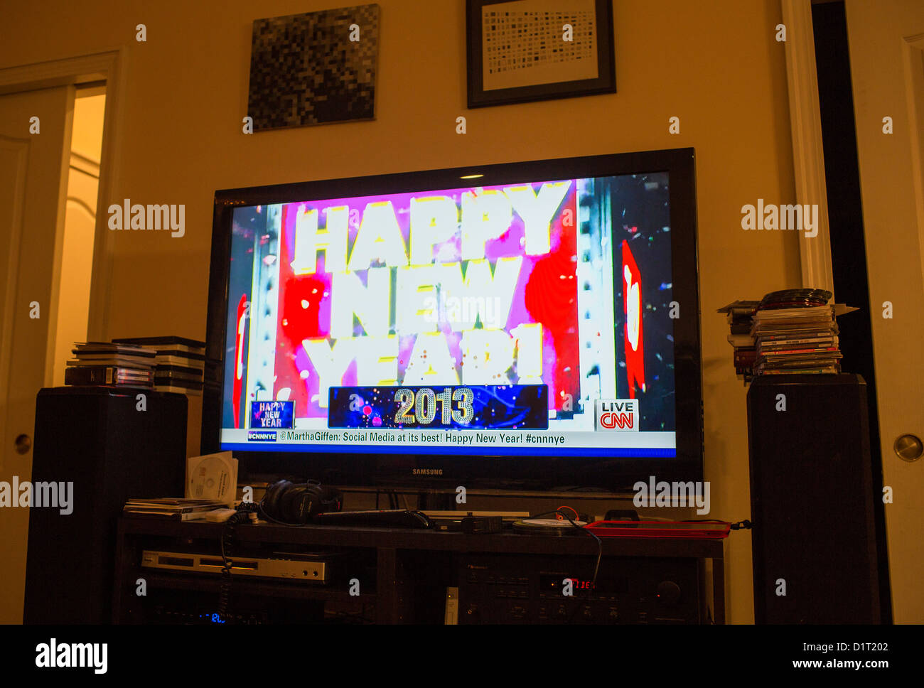 A CNN television channel broadcasts New Year's celebrations in Times