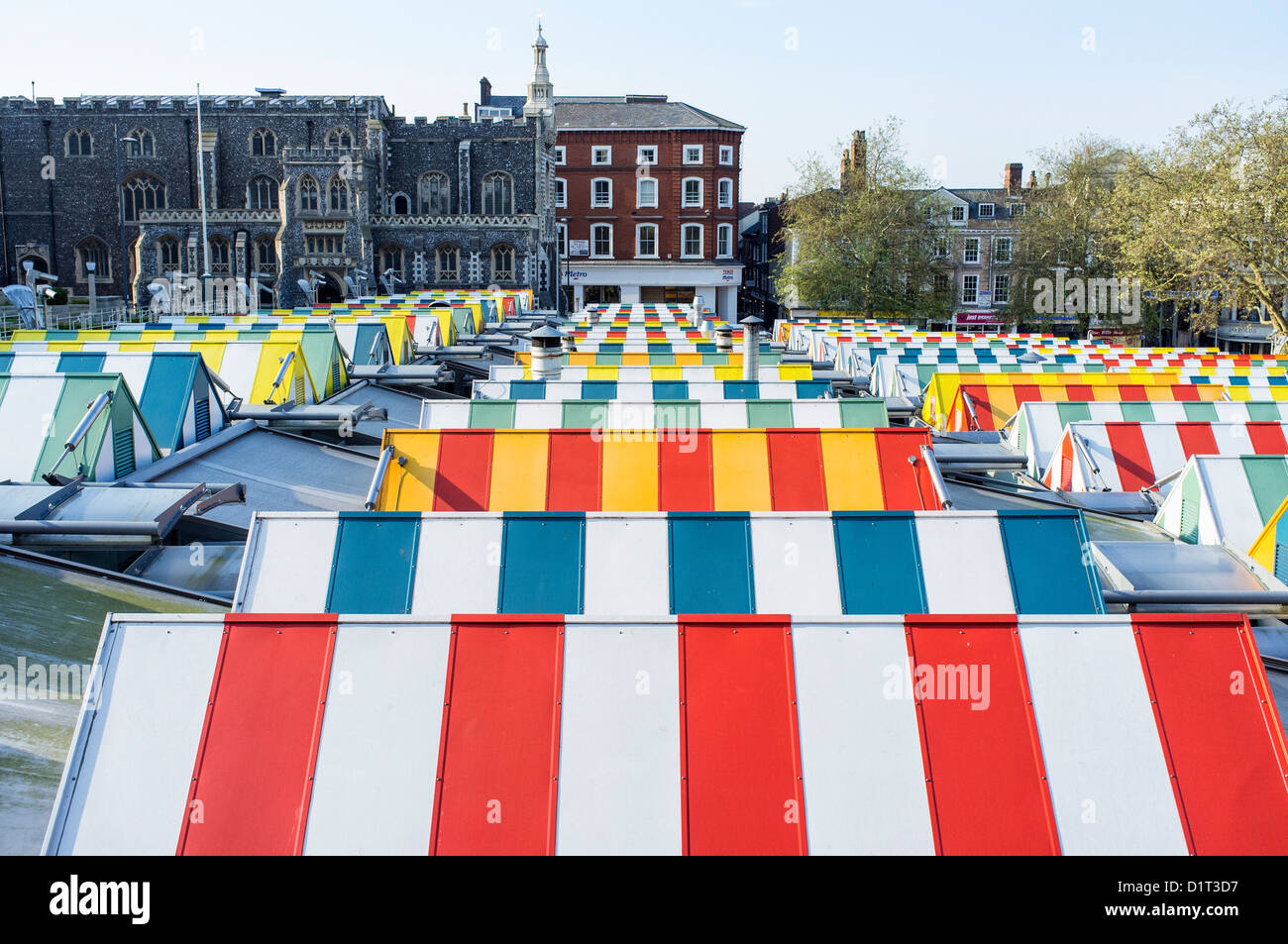 Brightly Coloured Roofs of Stalls in Norwich Market Norfolk UK Stock Photo