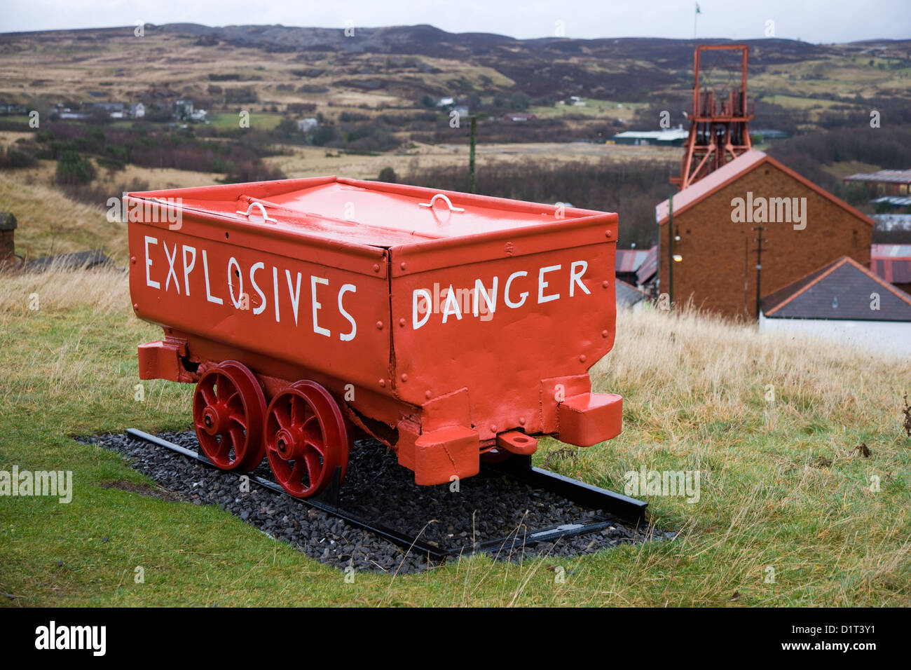 A coal truck carrying explosives at the Big Pit Mining Museum, Blaenavon, Wales Stock Photo