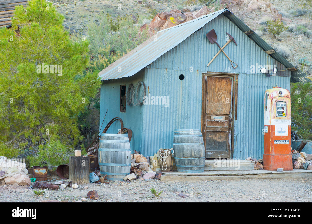 Old wooden house and old fuel pump in Nelson Nevada ghost town Stock