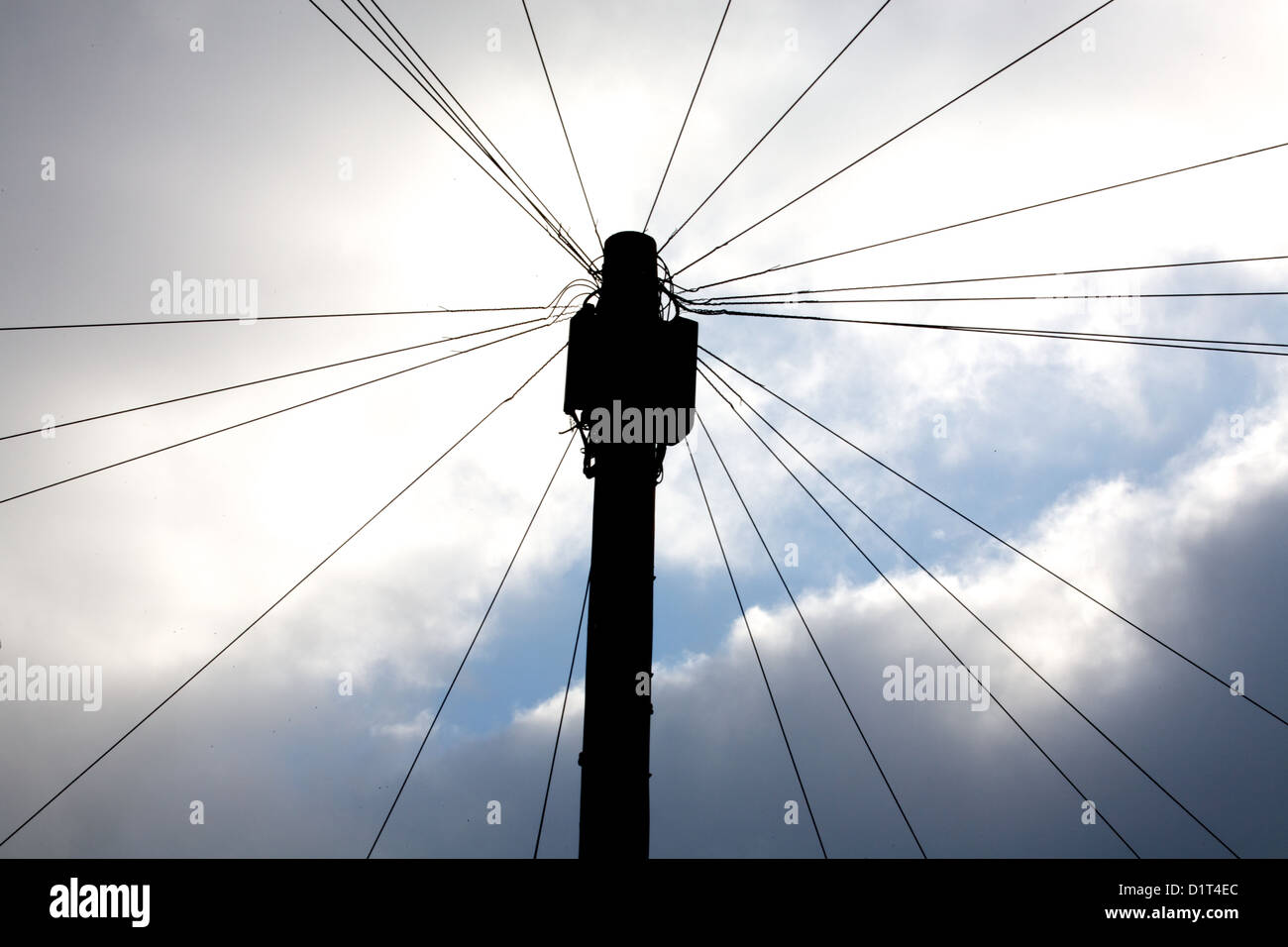 telegraph pole with dark clouds & blue sky Stock Photo