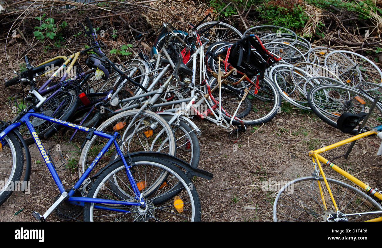 Heap of old bicycles on garden dump Stock Photo