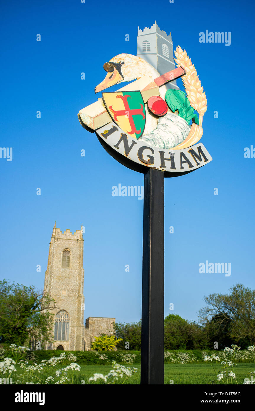 Village Sign and Church in Ingham Norfolk UK Stock Photo