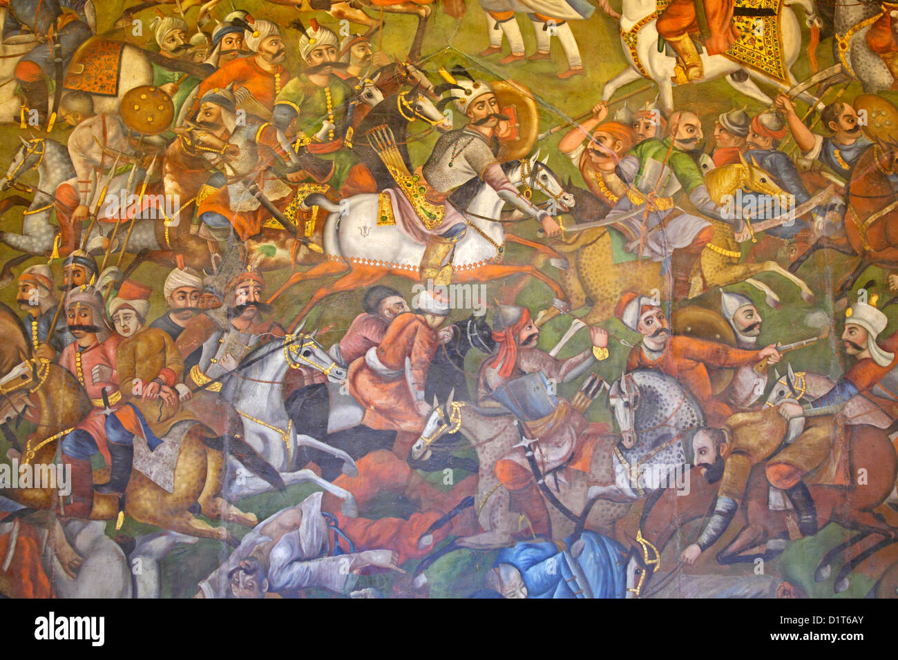 Fresco at Chehel Sotoun palace of the battle of Chaldoran between shah Ismaeel and sultan Salim, Isfahan, Iran Stock Photo