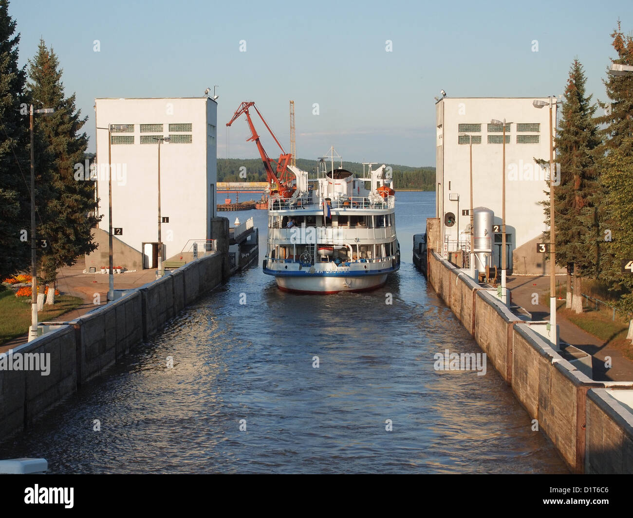 Sluice at the Volga-Baltic Waterway near the town Vytegra in Russia Stock Photo
