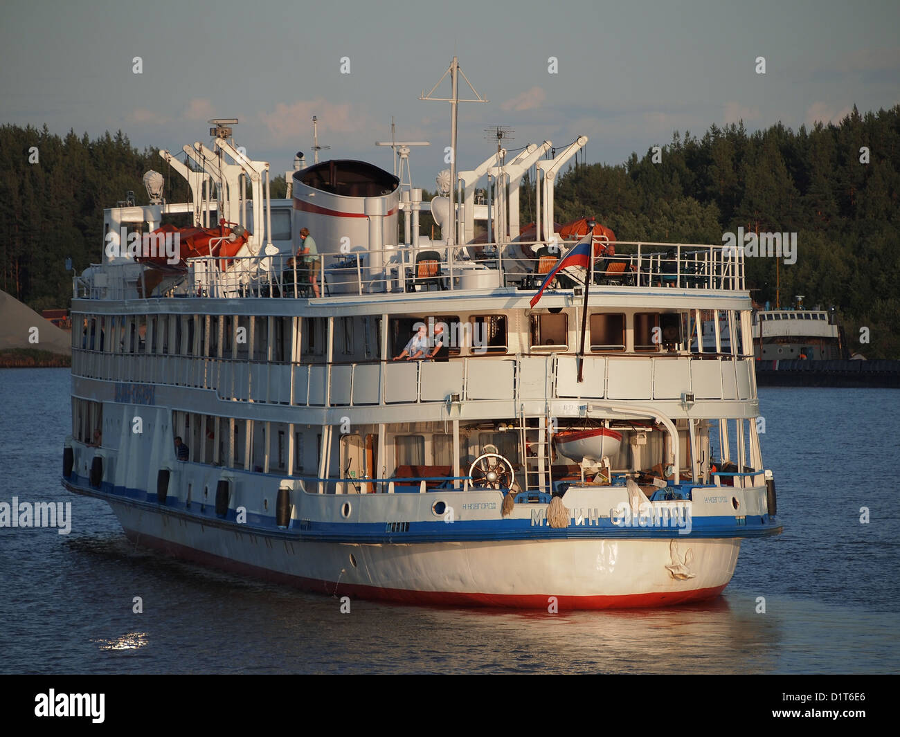 River Cruise Ship at the Volga-Baltic Waterway near the town Vytegra in Russia Stock Photo