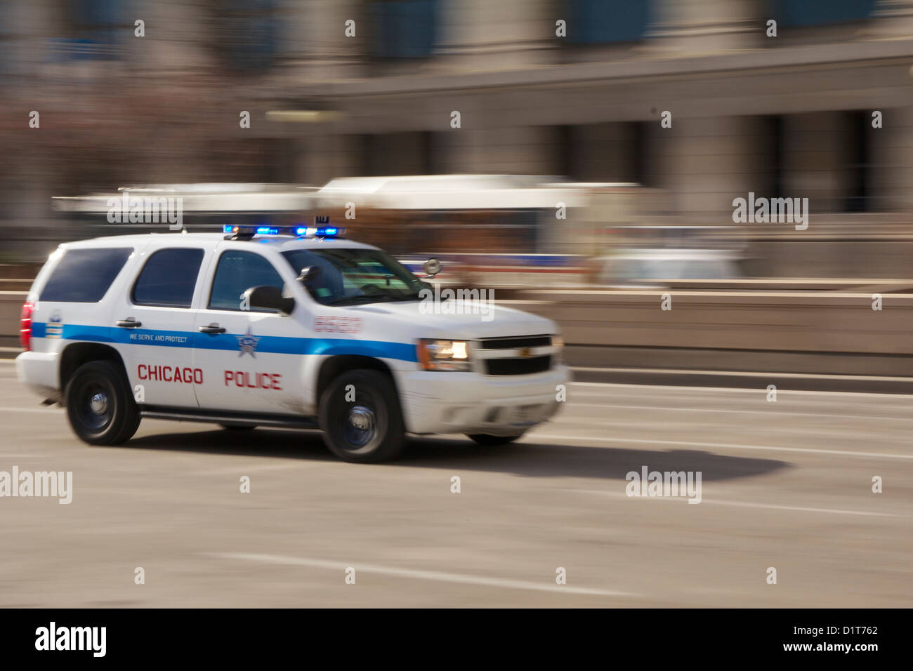Chicago Police SUV on emergency call. Motion blur. Stock Photo