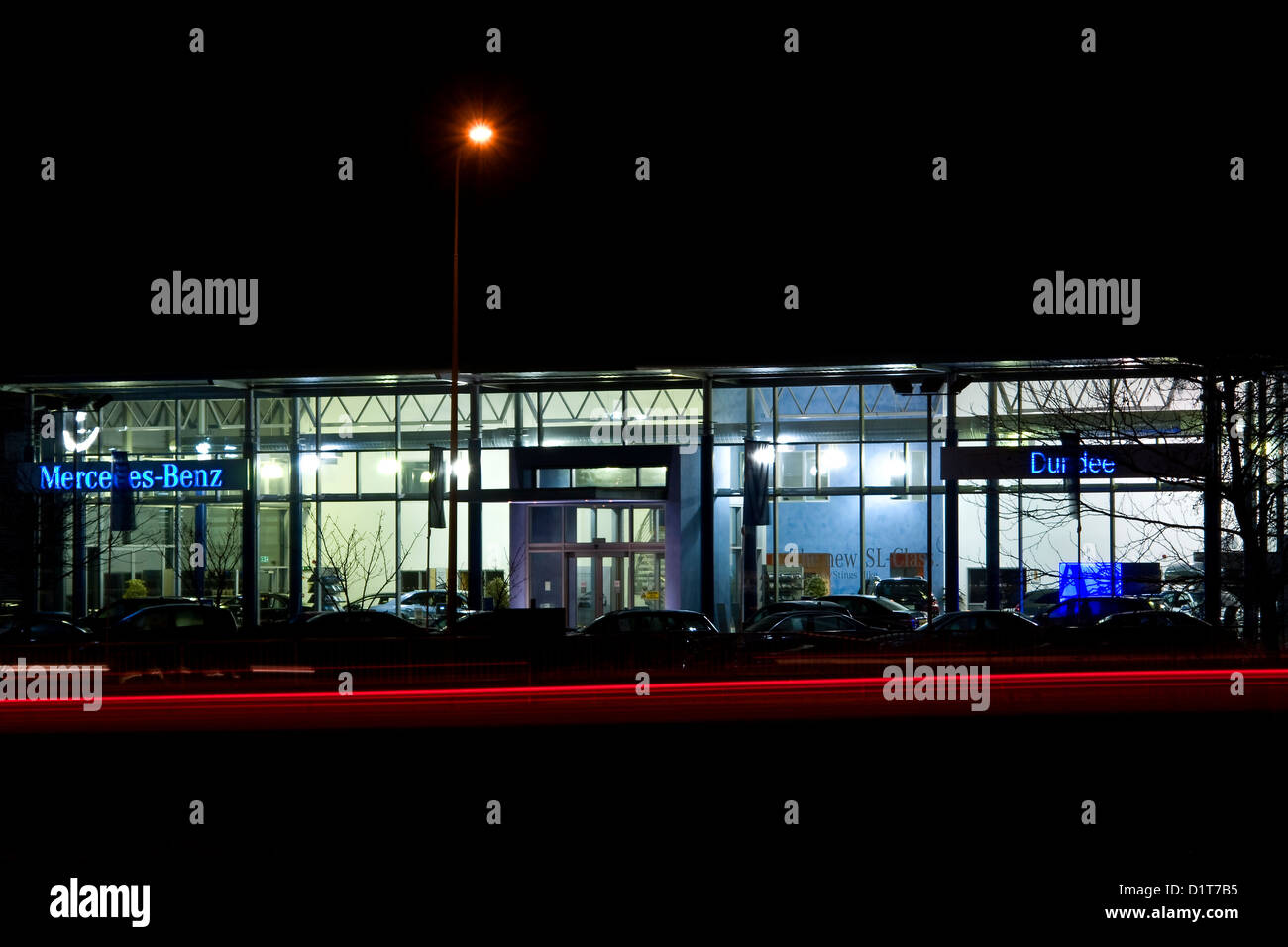 Mercedes Benz Car Showroom Illuminated At Night In Urban Dundee Uk Stock Photo Alamy