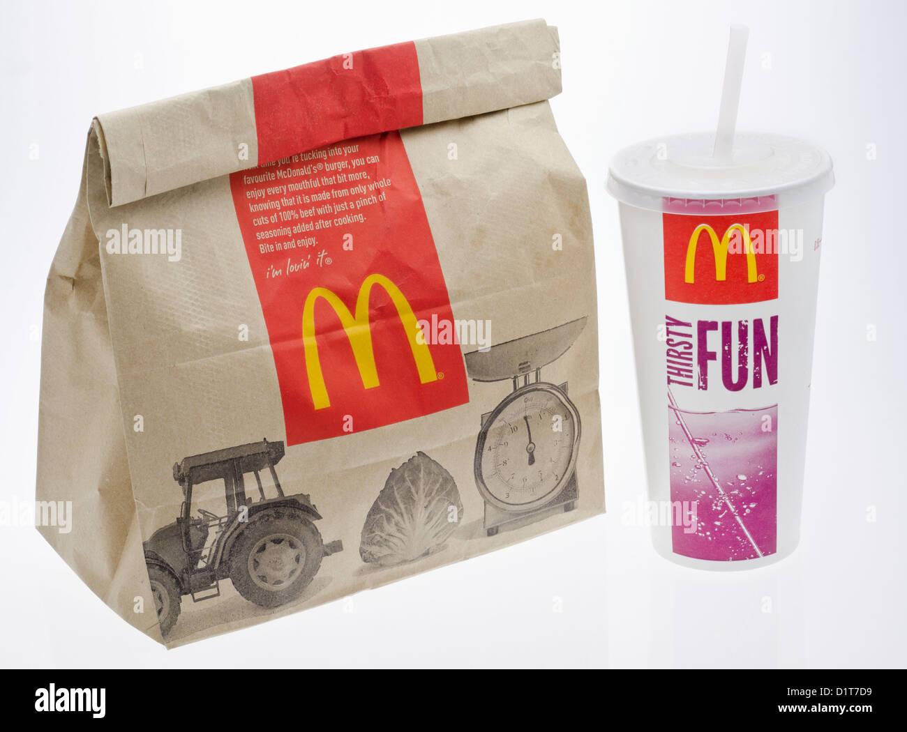 McDonald's Fast Food Meal in Brown Paper Bag with Fizzy Drink Stock