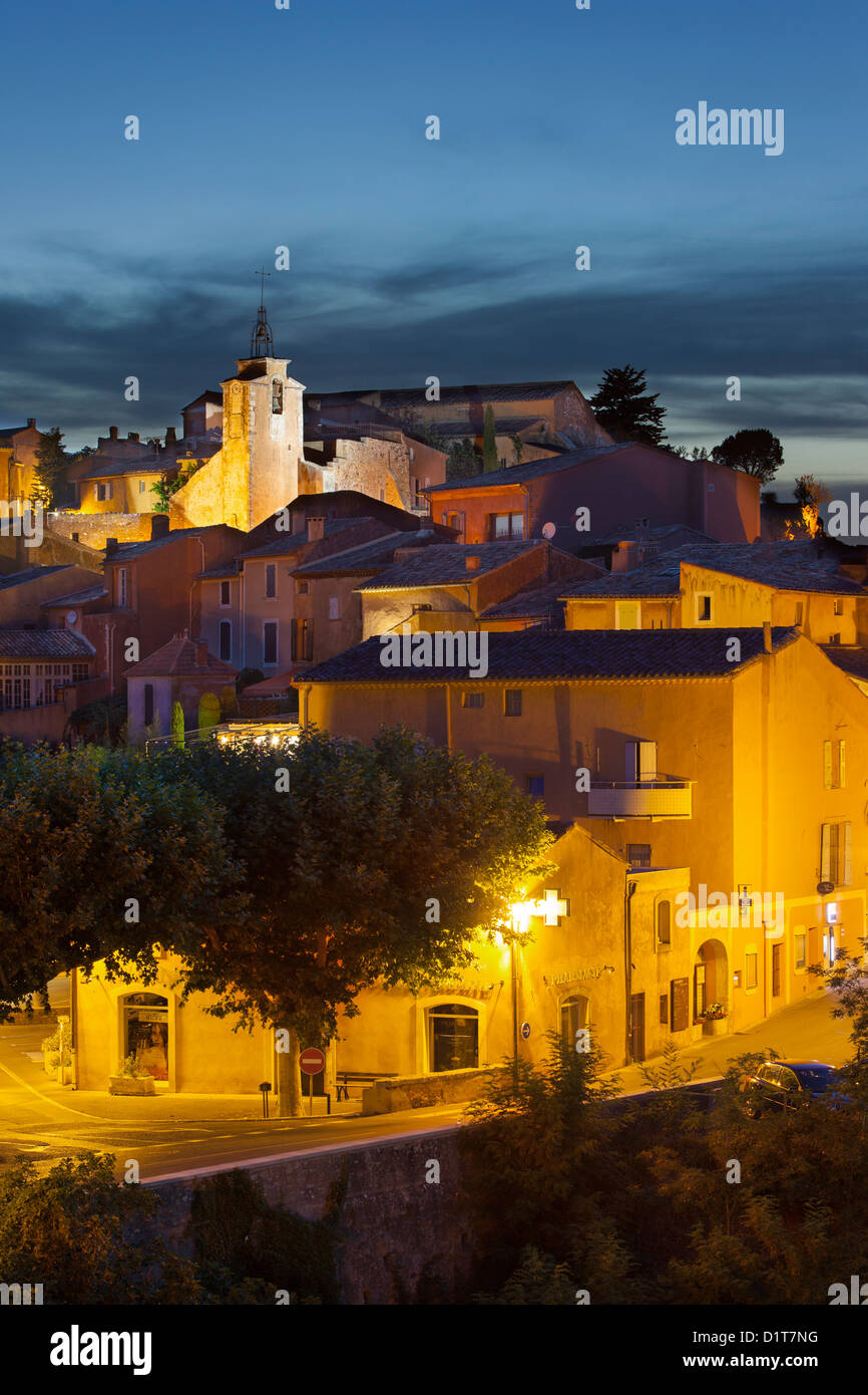 Twilight over town of Roussillon in the Vaucluse, Provence France Stock Photo